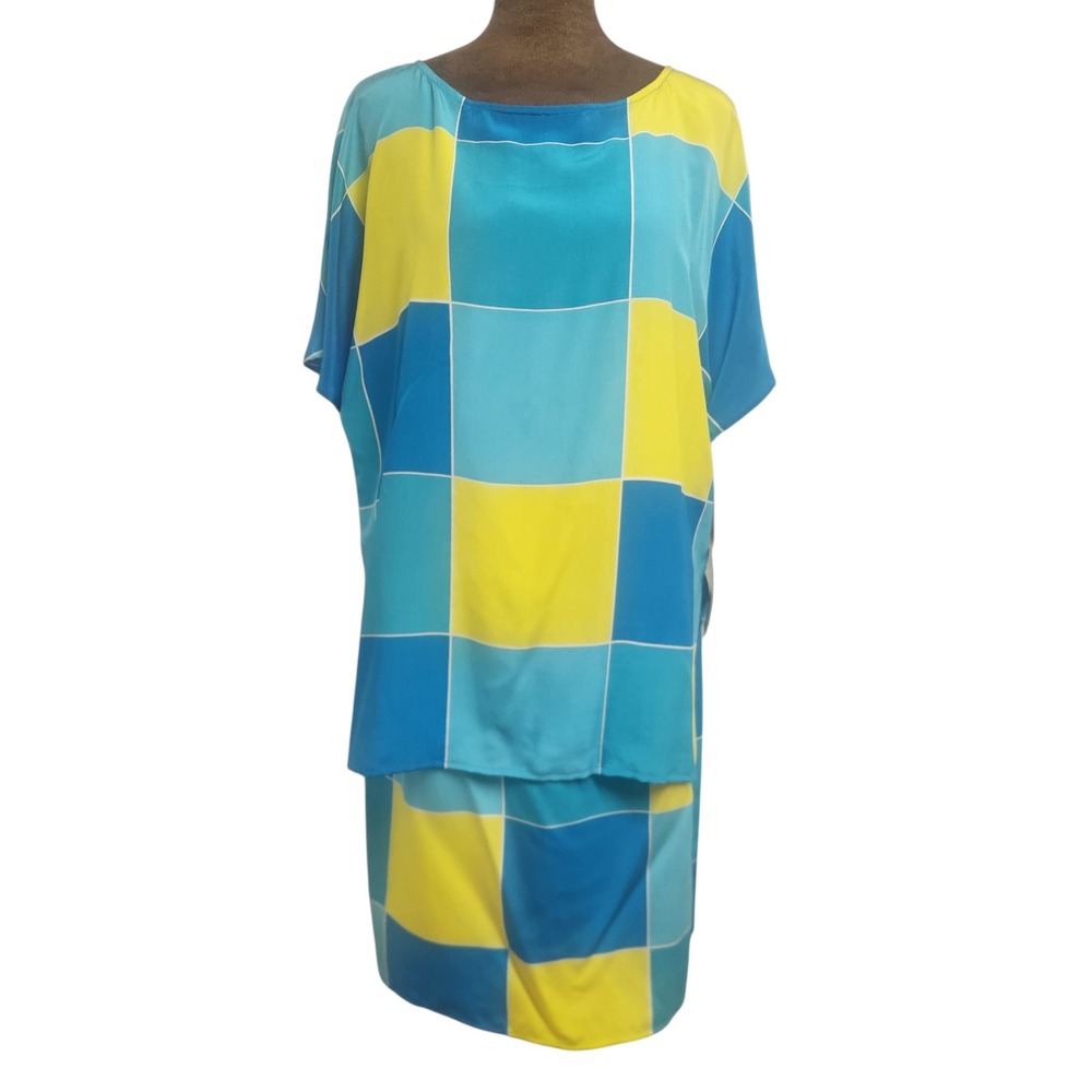 Mark Eisen Vintage 100% Silk 2 Piece Skirt Set Blue Yellow Geometric Size L 14